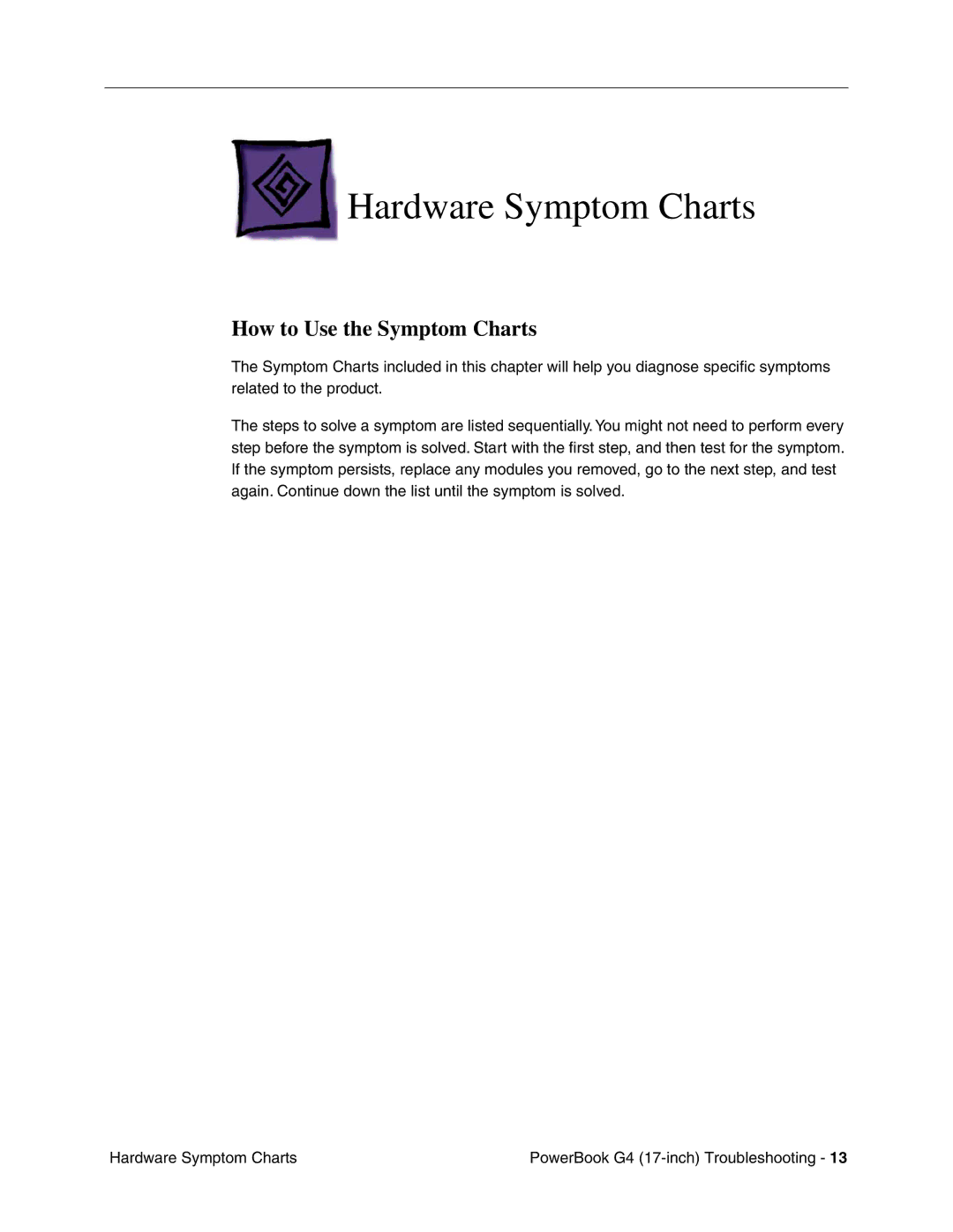 Apple Powerbank G4 manual Hardware Symptom Charts, How to Use the Symptom Charts 