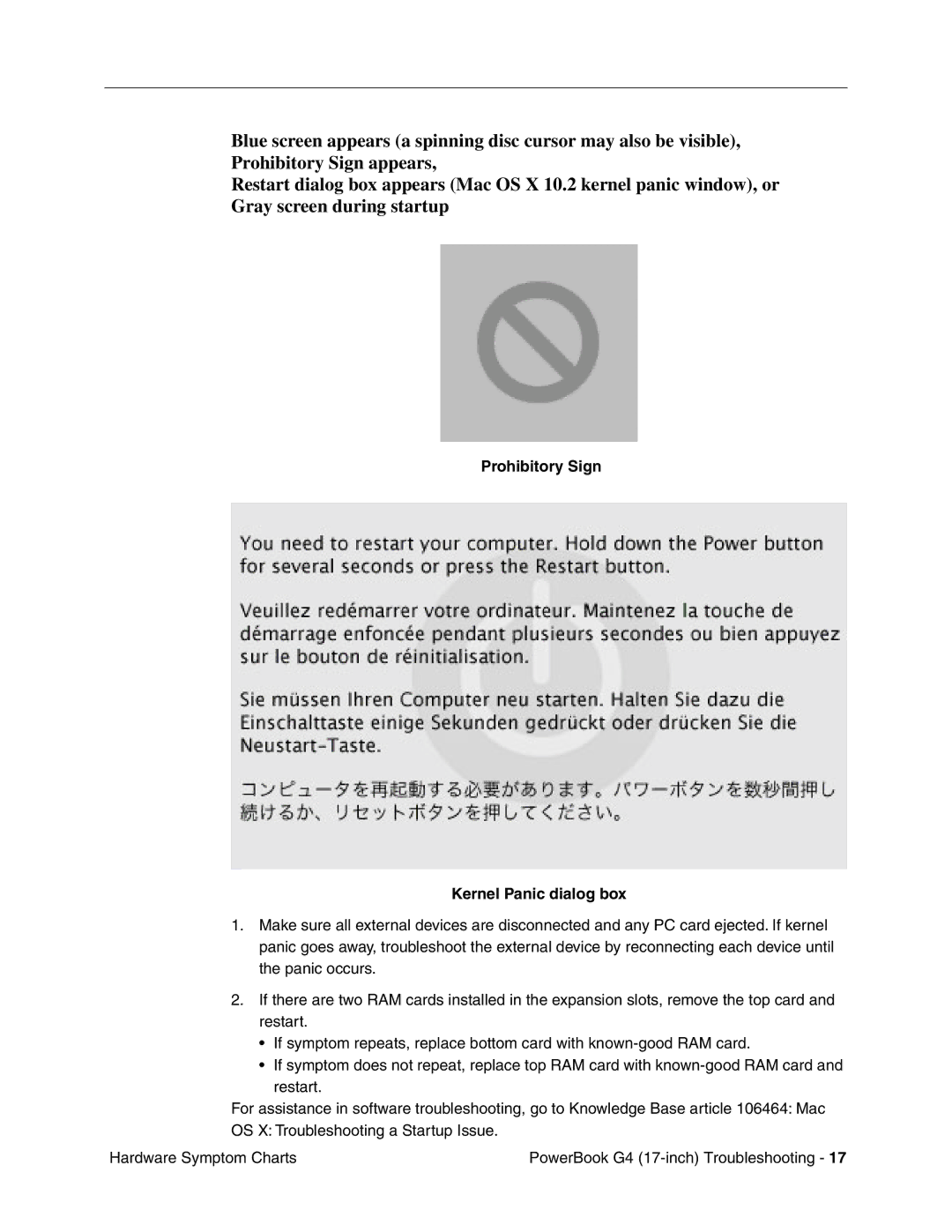 Apple Powerbank G4 manual Prohibitory Sign Kernel Panic dialog box 