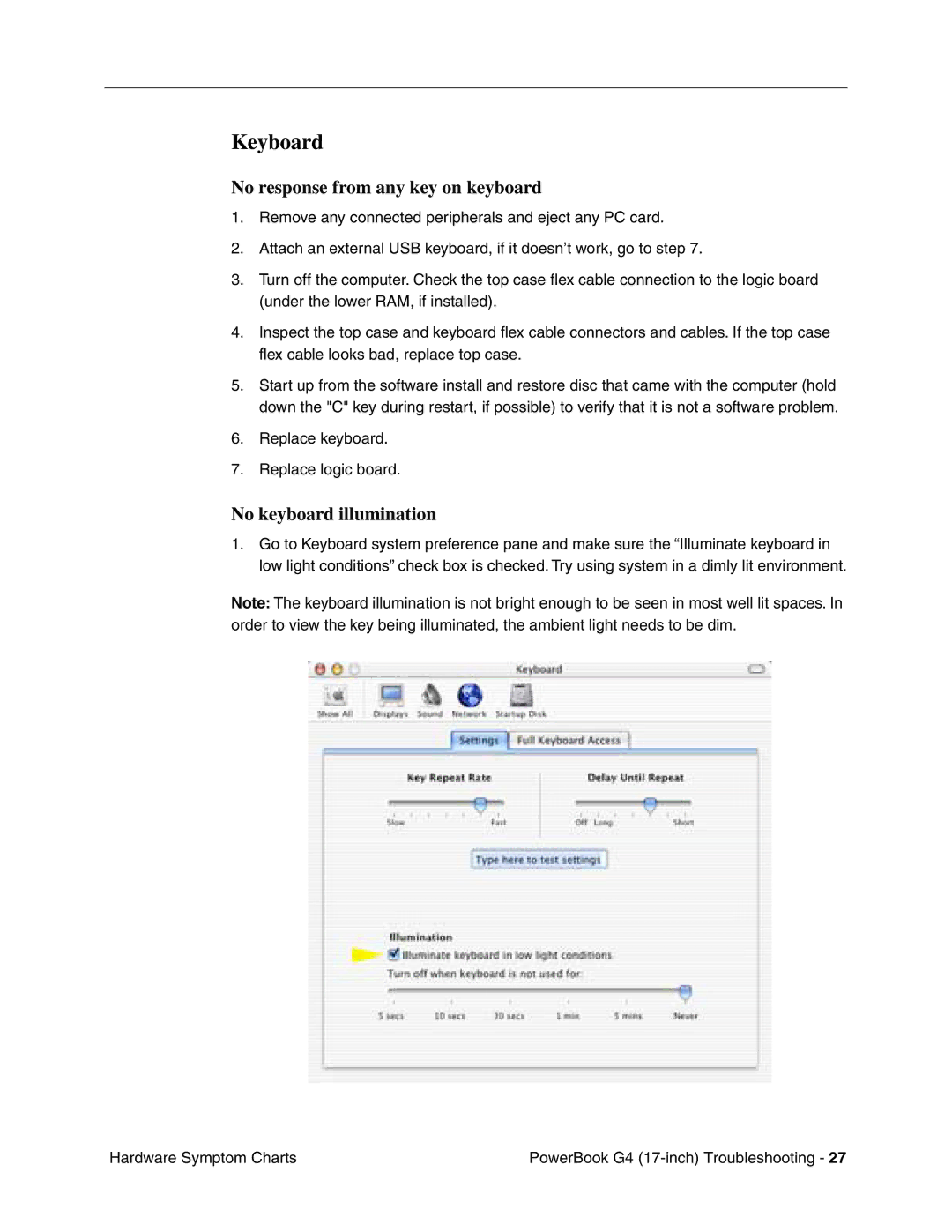 Apple Powerbank G4 manual Keyboard, No response from any key on keyboard, No keyboard illumination 