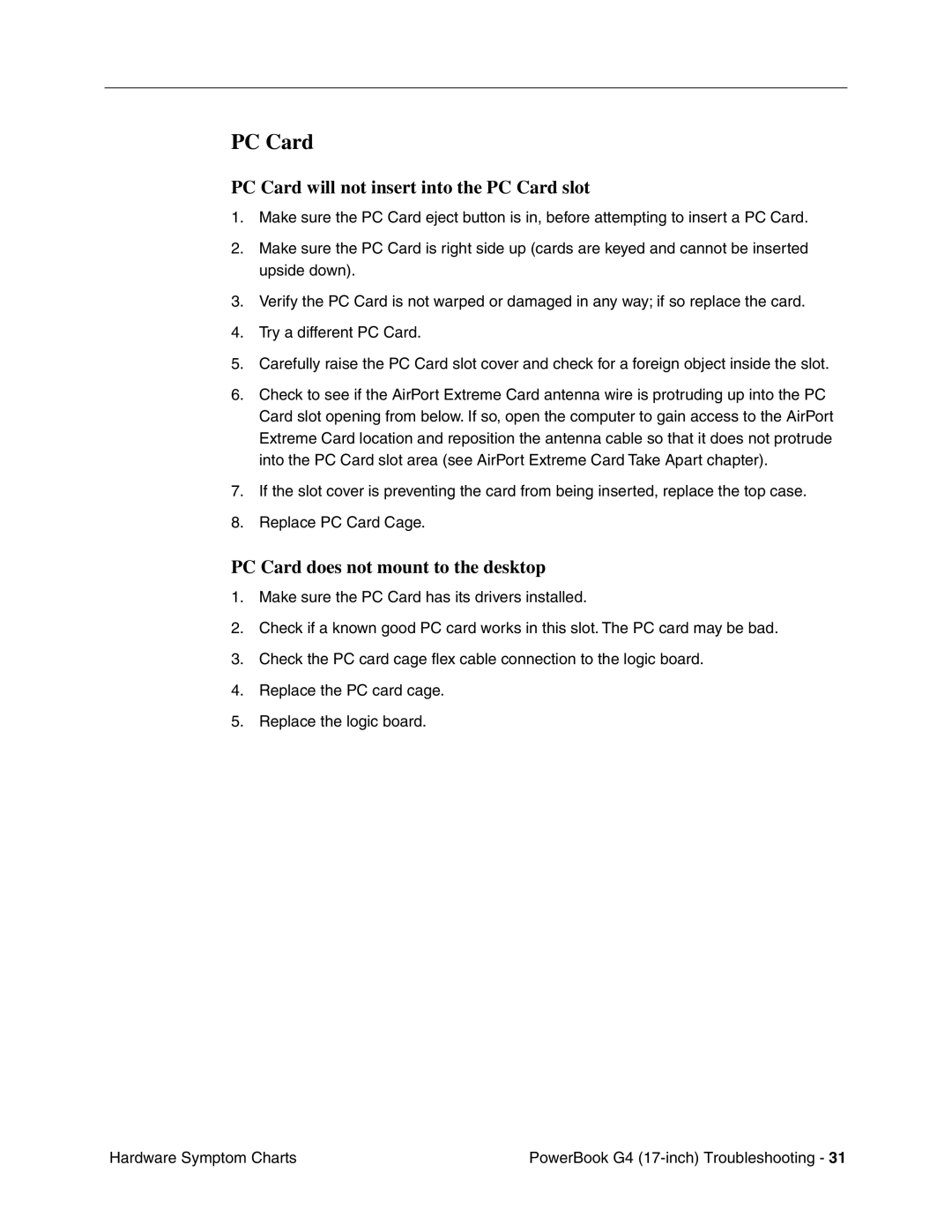 Apple Powerbank G4 manual PC Card will not insert into the PC Card slot, PC Card does not mount to the desktop 