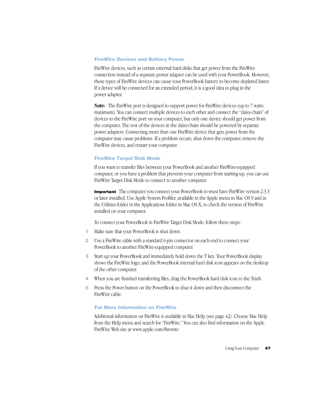 Apple powerbook g4 manual Power adapter, FireWire Devices and Battery Power, FireWire Target Disk Mode 