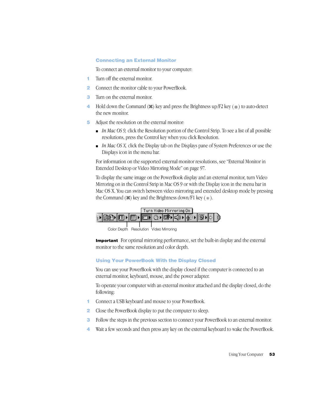 Apple powerbook g4 manual Connecting an External Monitor, Using Your PowerBook With the Display Closed 