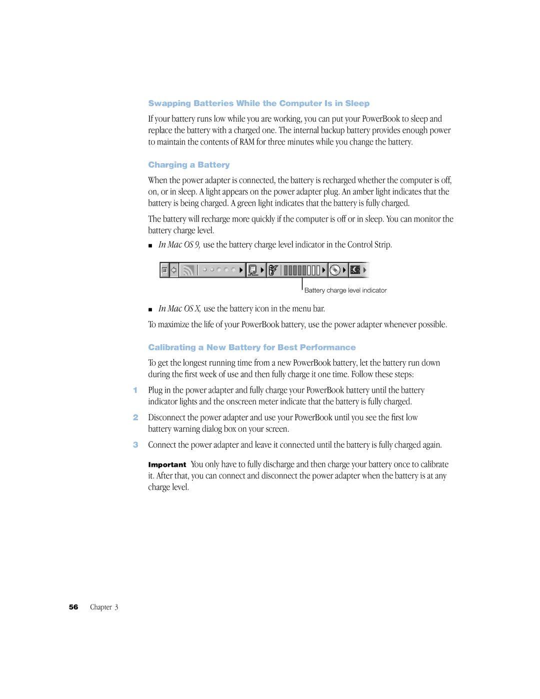 Apple powerbook g4 manual Mac OS X, use the battery icon in the menu bar, Swapping Batteries While the Computer Is in Sleep 