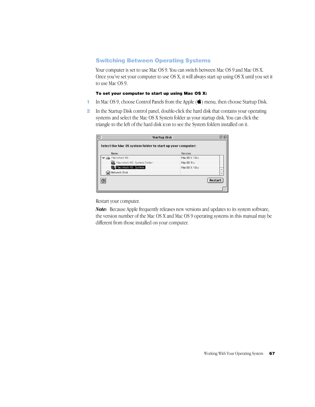 Apple powerbook g4 manual Switching Between Operating Systems, Restart your computer 