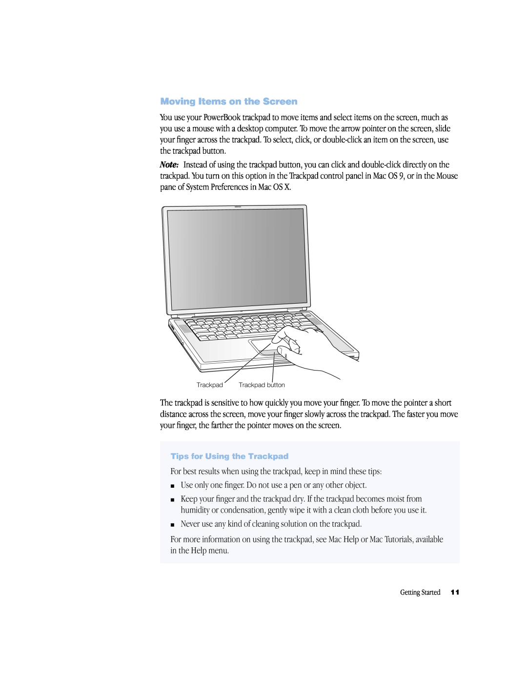 Apple powerbook g4 manual Moving Items on the Screen, For best results when using the trackpad, keep in mind these tips 