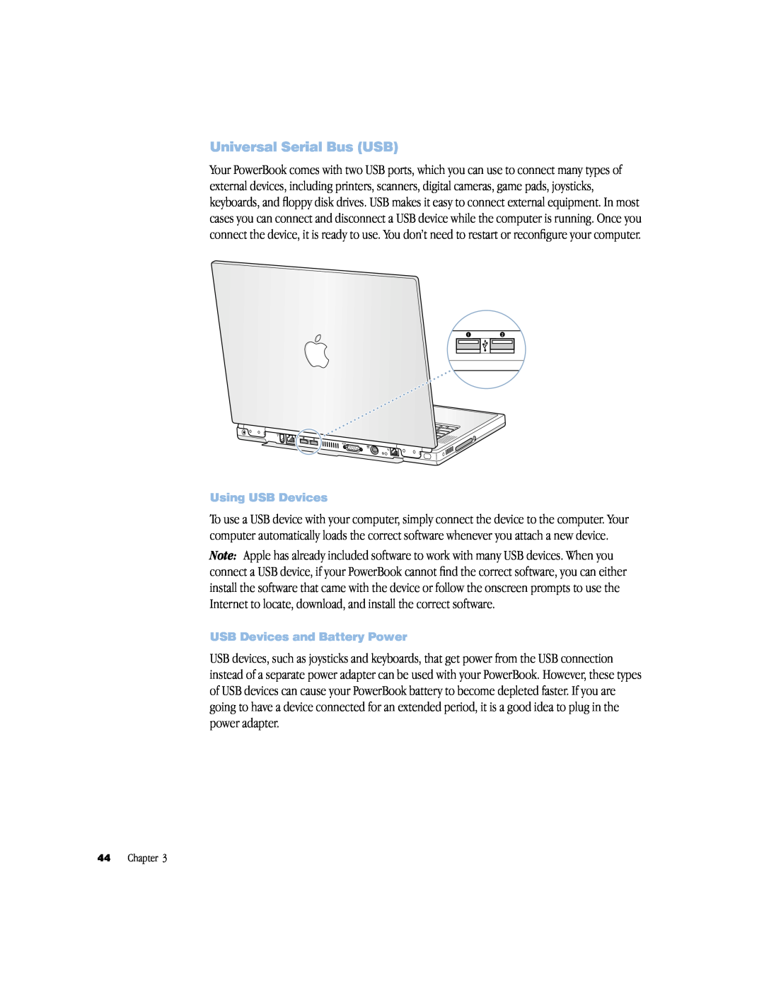 Apple powerbook g4 manual Universal Serial Bus USB, Using USB Devices, USB Devices and Battery Power, Chapter 