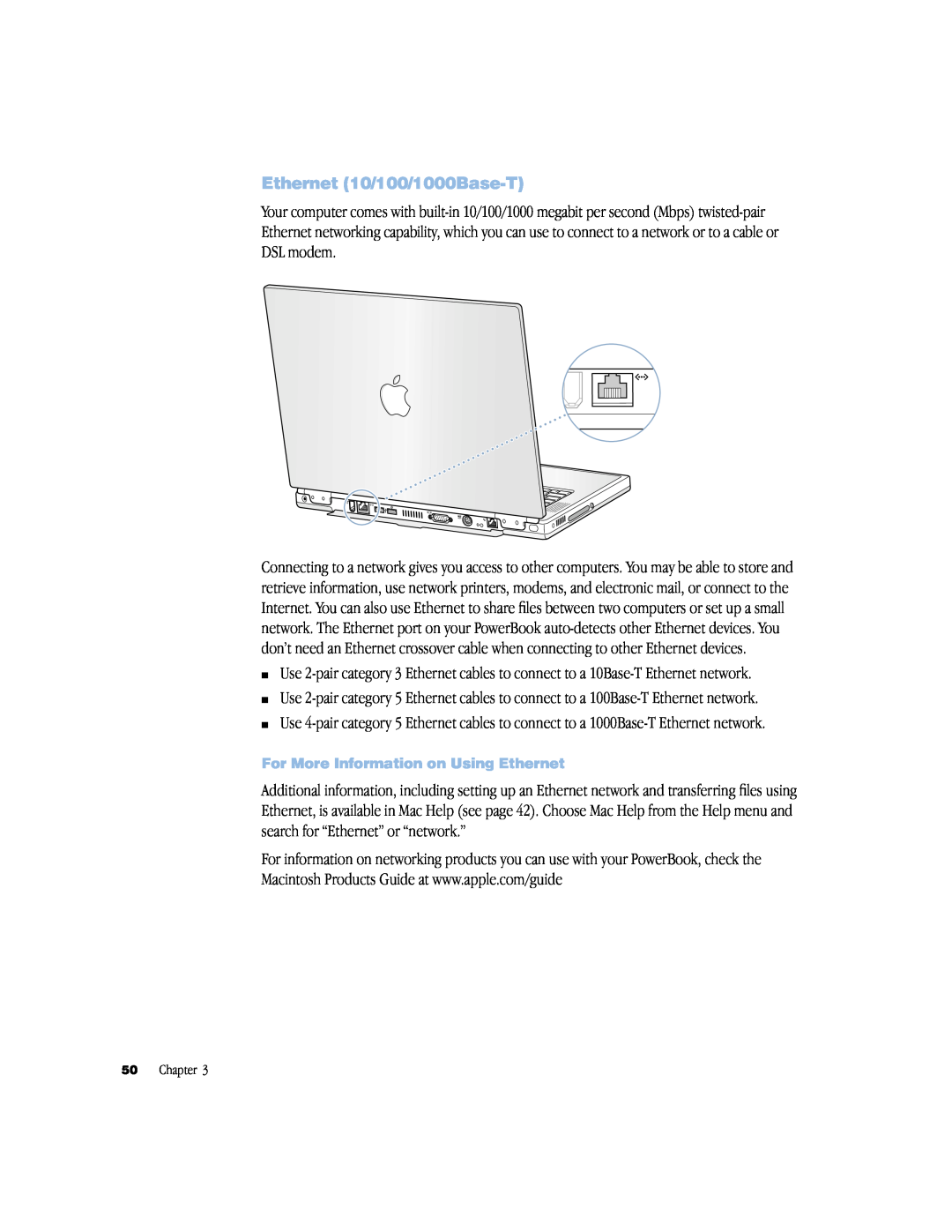 Apple powerbook g4 manual Ethernet 10/100/1000Base-T, For More Information on Using Ethernet 