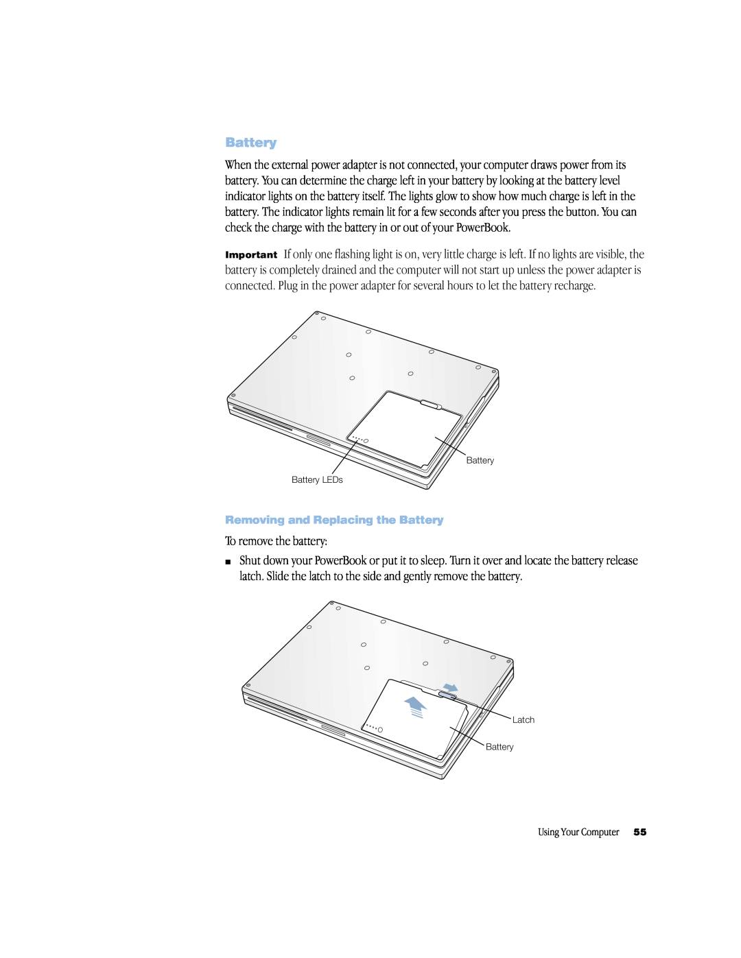 Apple powerbook g4 manual To remove the battery, Removing and Replacing the Battery, Using Your Computer 