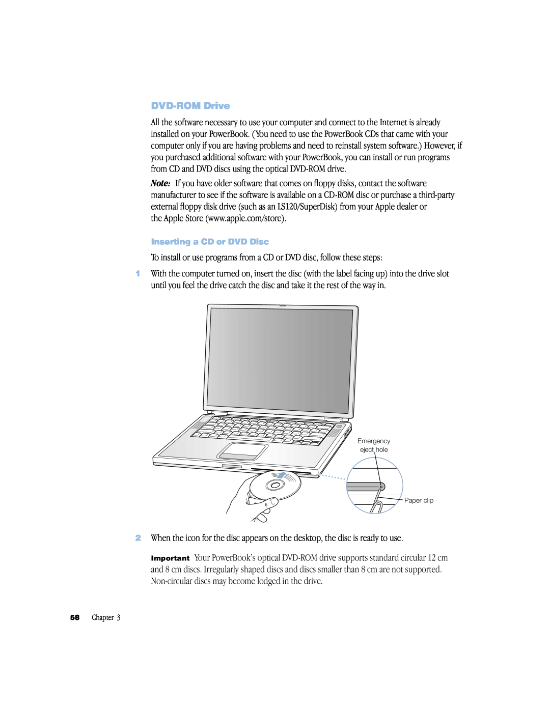 Apple powerbook g4 manual DVD-ROM Drive, To install or use programs from a CD or DVD disc, follow these steps 