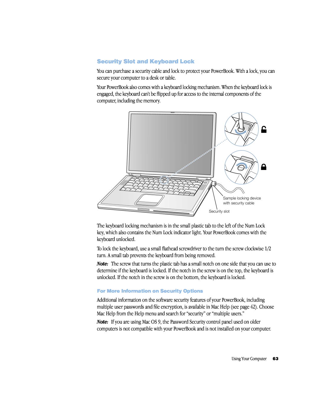 Apple powerbook g4 manual Security Slot and Keyboard Lock, For More Information on Security Options 