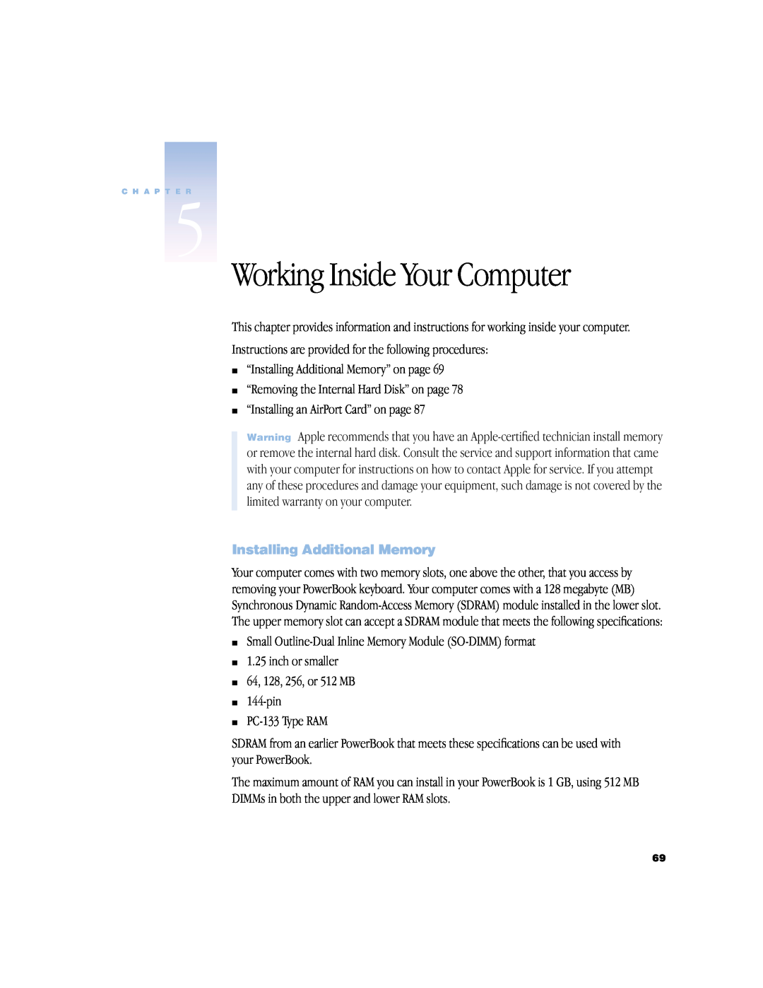 Apple powerbook g4 manual Working Inside Your Computer, Installing Additional Memory 
