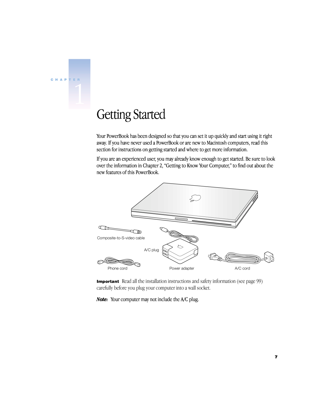 Apple powerbook g4 manual Getting Started, Note Your computer may not include the A/C plug 