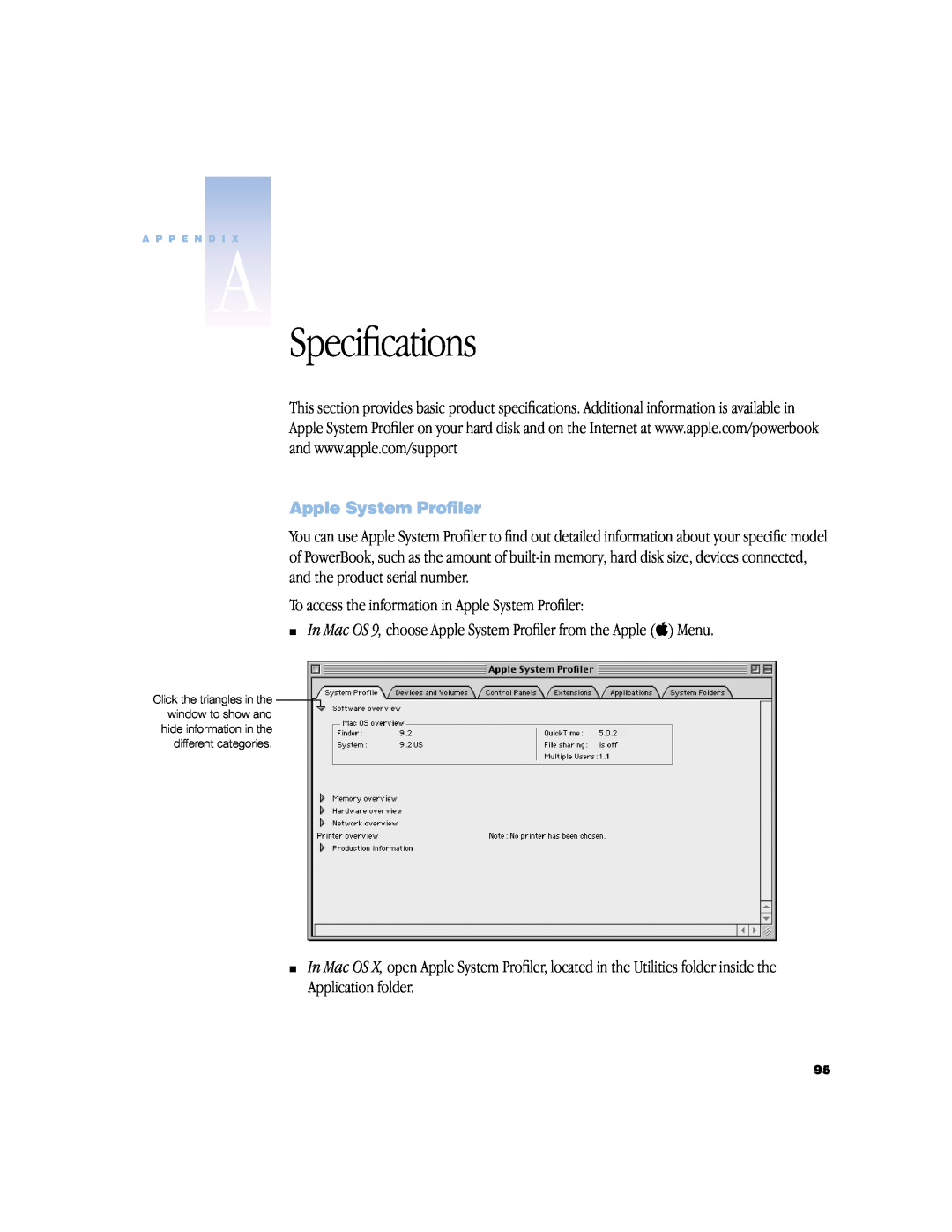 Apple powerbook g4 manual Speciﬁcations, Apple System Profiler 