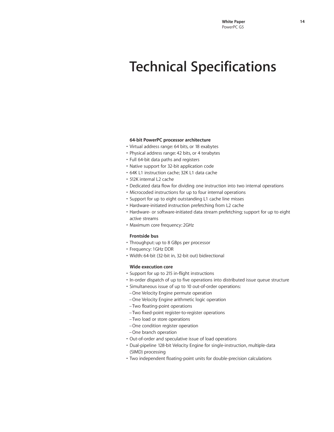 Apple PowerPC G5 manual Technical Specifications, Bit PowerPC processor architecture, Frontside bus, Wide execution core 