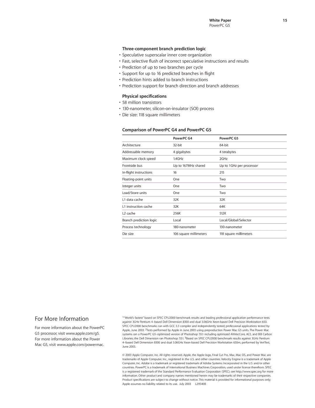 Apple PowerPC G5 manual For More Information, Three-component branch prediction logic, Physical specifications 