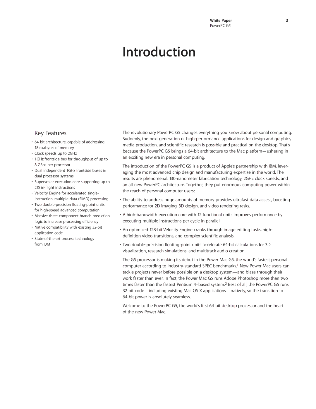 Apple PowerPC G5 manual Introduction, Key Features 