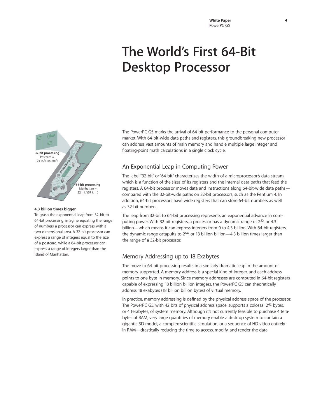 Apple PowerPC G5 manual An Exponential Leap in Computing Power, Memory Addressing up to 18 Exabytes 