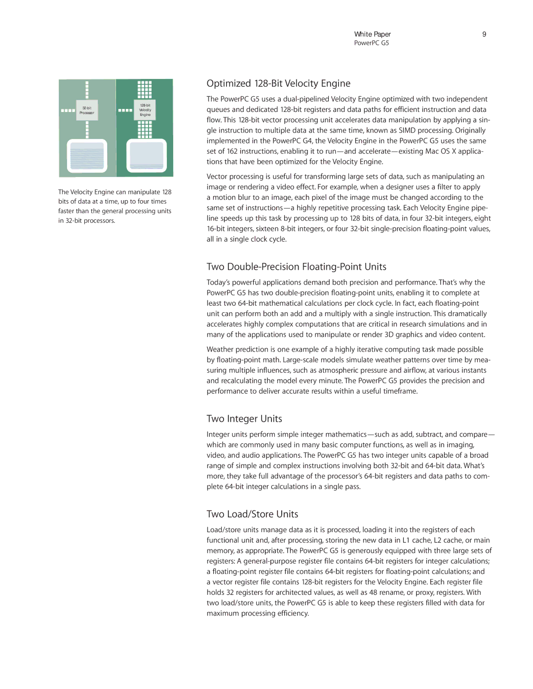 Apple PowerPC G5 manual Optimized 128-Bit Velocity Engine, Two Double-Precision Floating-Point Units, Two Integer Units 