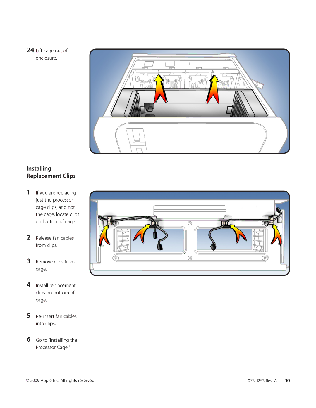 Apple Processor Cage and Clips warranty Installing Replacement Clips, Lift cage out of enclosure 