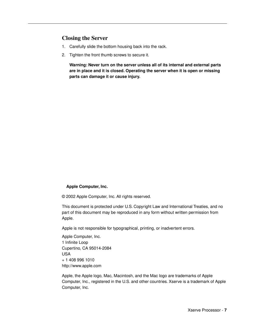 Apple Processor warranty Closing the Server, Apple Computer, Inc 