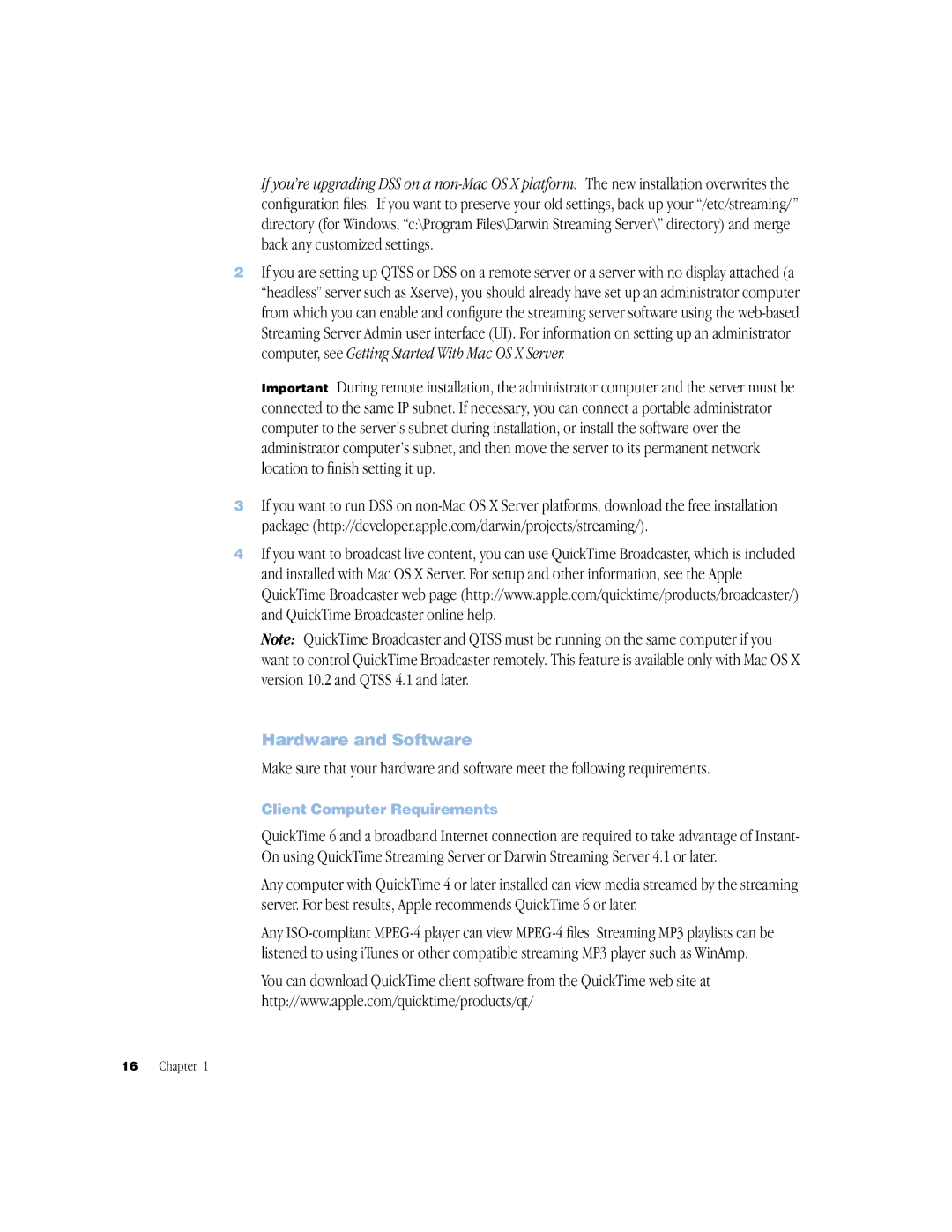 Apple QuickTime Streaming Server Darwin Streaming Server manual Hardware and Software, Client Computer Requirements 