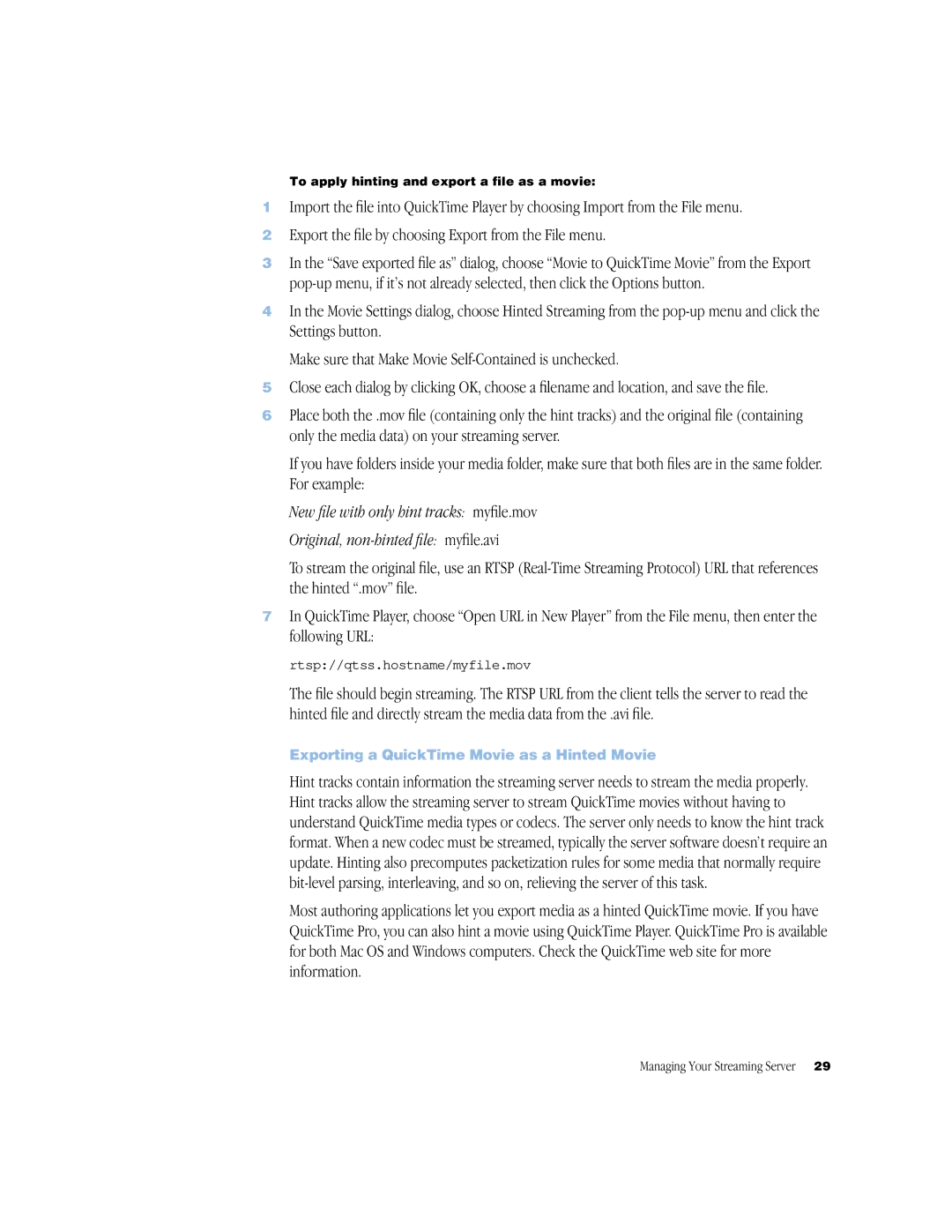 Apple QuickTime Streaming Server Darwin Streaming Server manual Exporting a QuickTime Movie as a Hinted Movie 