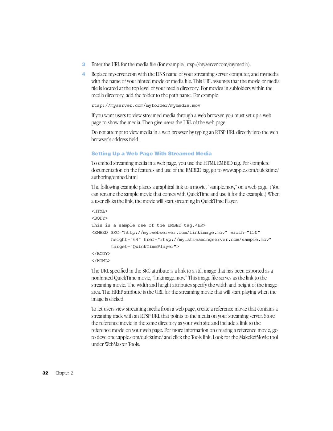 Apple QuickTime Streaming Server Darwin Streaming Server manual Setting Up a Web Page With Streamed Media 