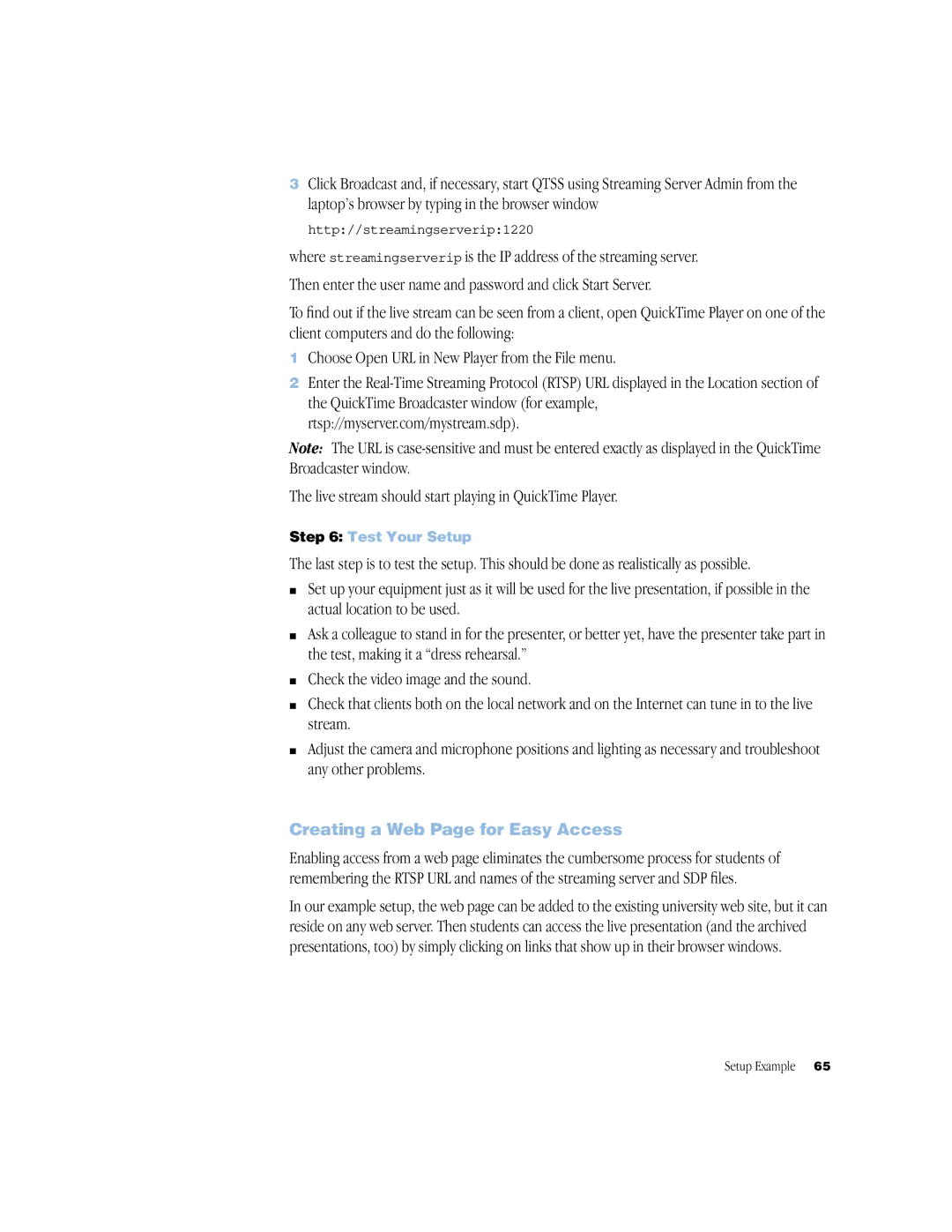 Apple QuickTime Streaming Server Darwin Streaming Server manual Creating a Web Page for Easy Access, Test Your Setup 