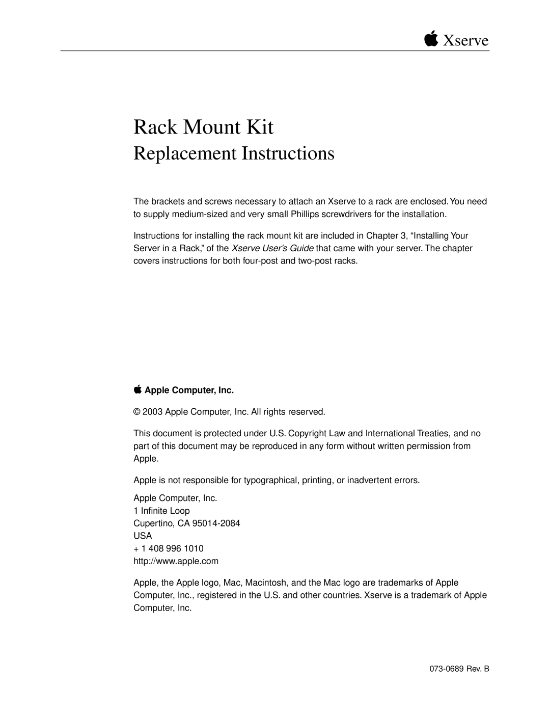 Apple Rack Mount Kit installation instructions Replacement Instructions, Apple Computer, Inc, Usa 