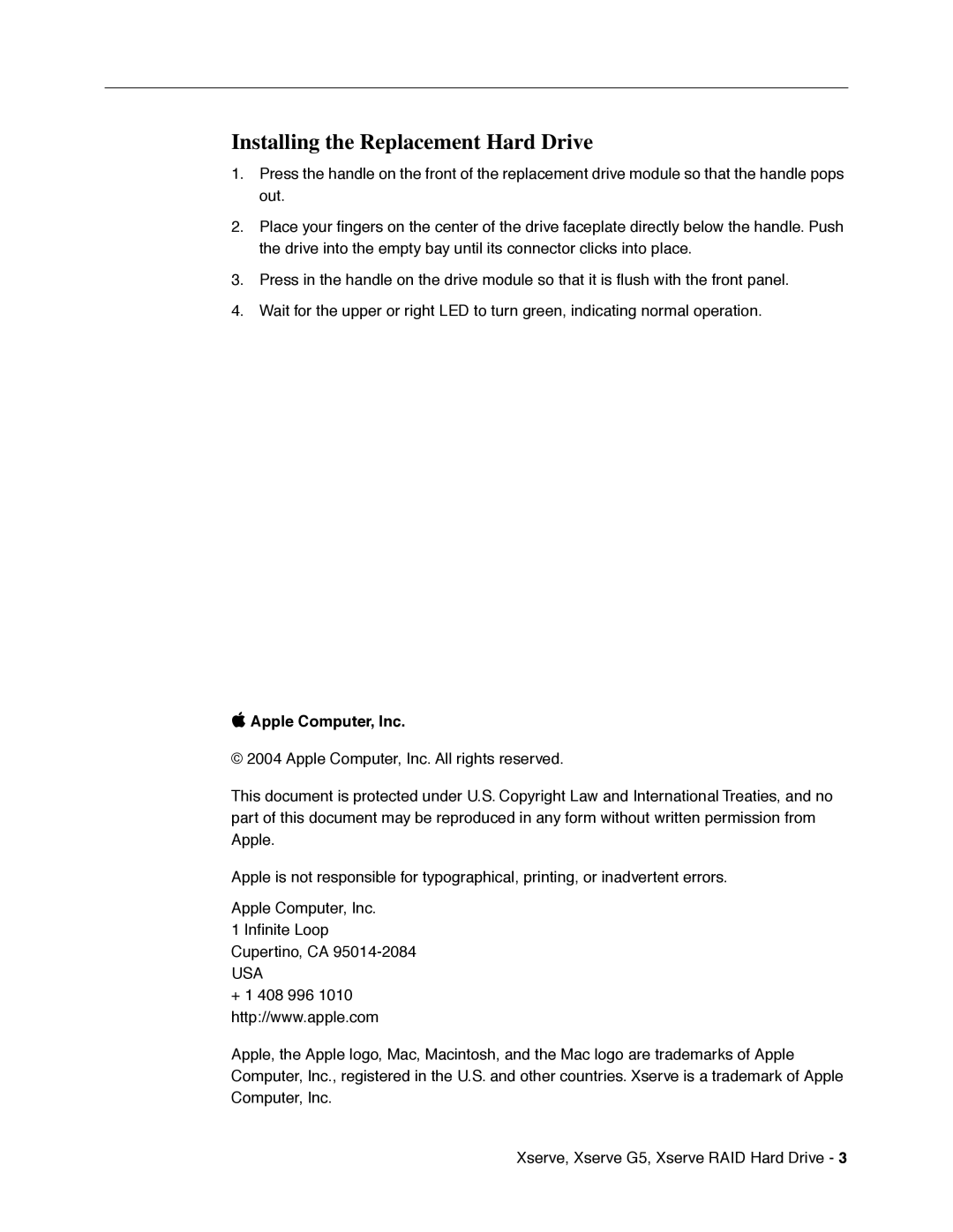 Apple XSERVE RAID warranty Installing the Replacement Hard Drive,  Apple Computer, Inc, Usa 