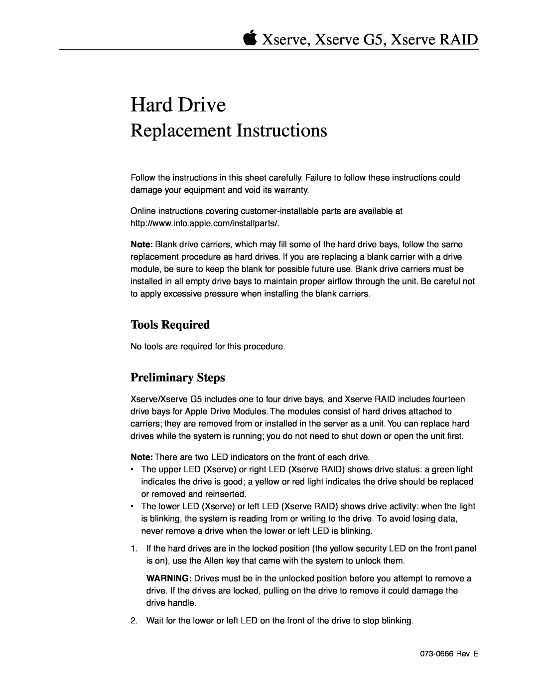 Apple XSERVE RAID warranty Tools Required, Preliminary Steps, Hard Drive, Replacement Instructions 