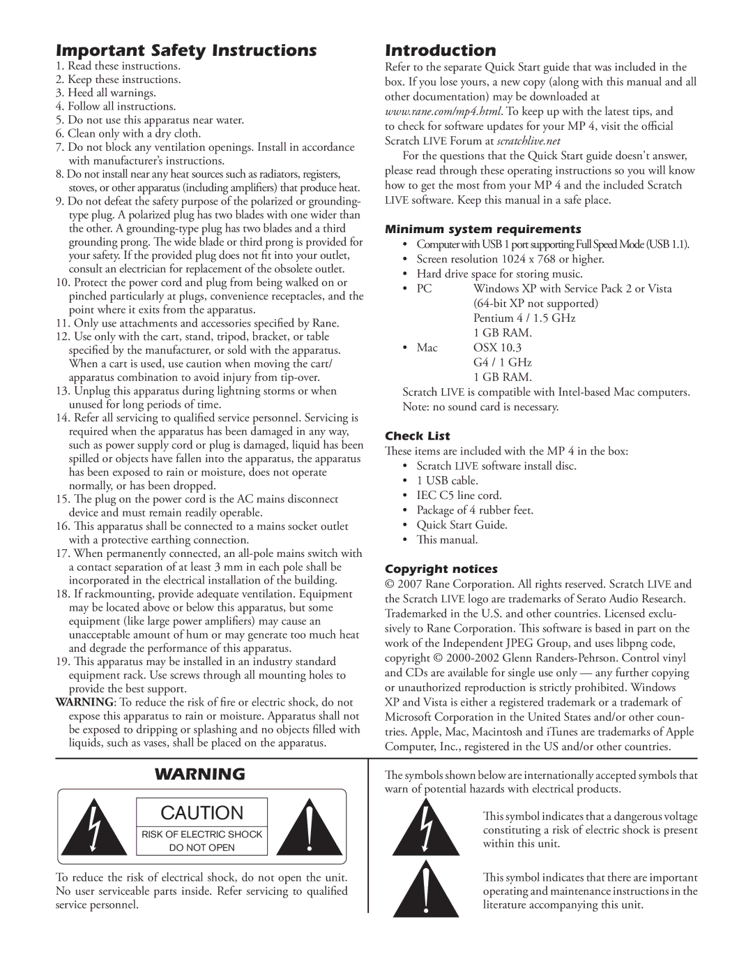 Apple Rane, 17357 Important Safety Instructions Introduction, Minimum system requirements, Check List, Copyright notices 