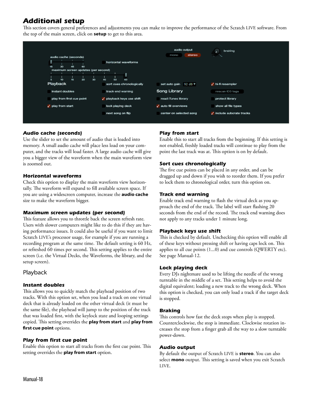 Apple Rane, 17357 manual Additional setup, Playback, Manual-18, Audio cache seconds, Maximum screen updates per second 