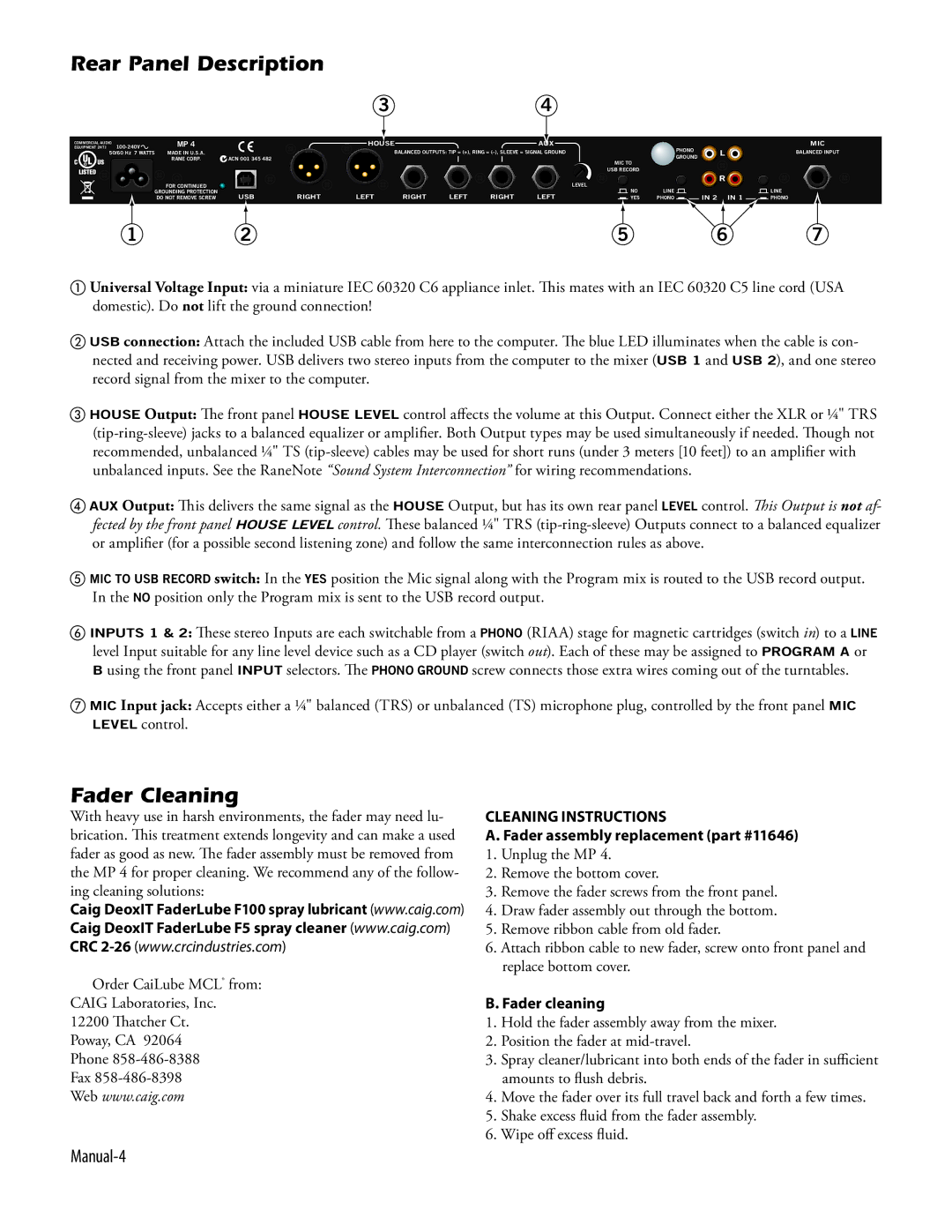 Apple Rane Rear Panel Description, Fader Cleaning, Manual-4, Order CaiLube MCL from Caig Laboratories, Inc Thatcher Ct 