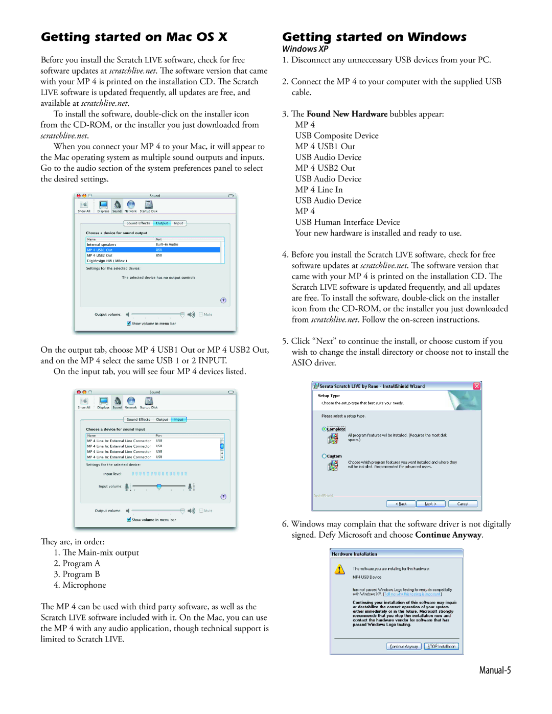 Apple 17357, Rane manual Getting started on Mac OS, Getting started on Windows, Manual-5, Windows XP 