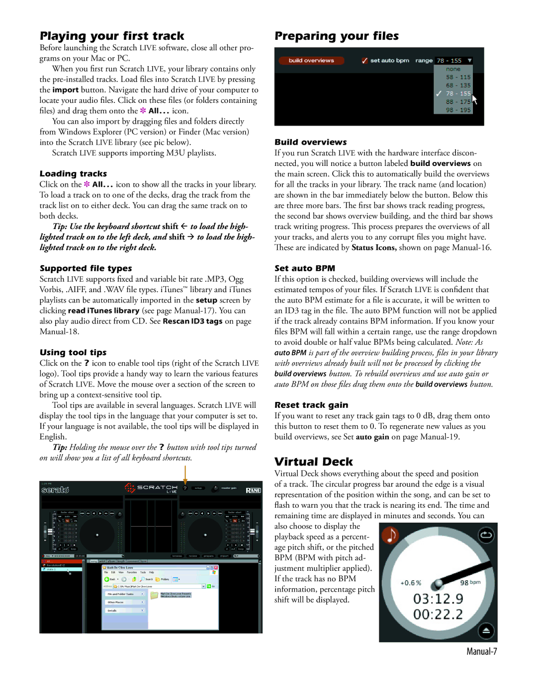 Apple 17357, Rane manual Playing your first track, Preparing your files, Virtual Deck, Manual-7 