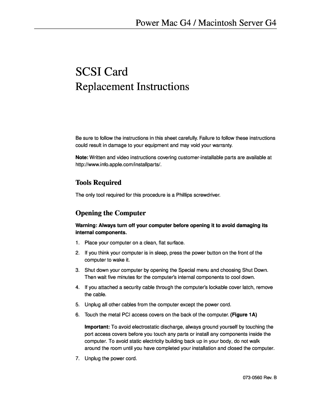 Apple SCSI Card warranty Tools Required, Opening the Computer, Replacement Instructions 