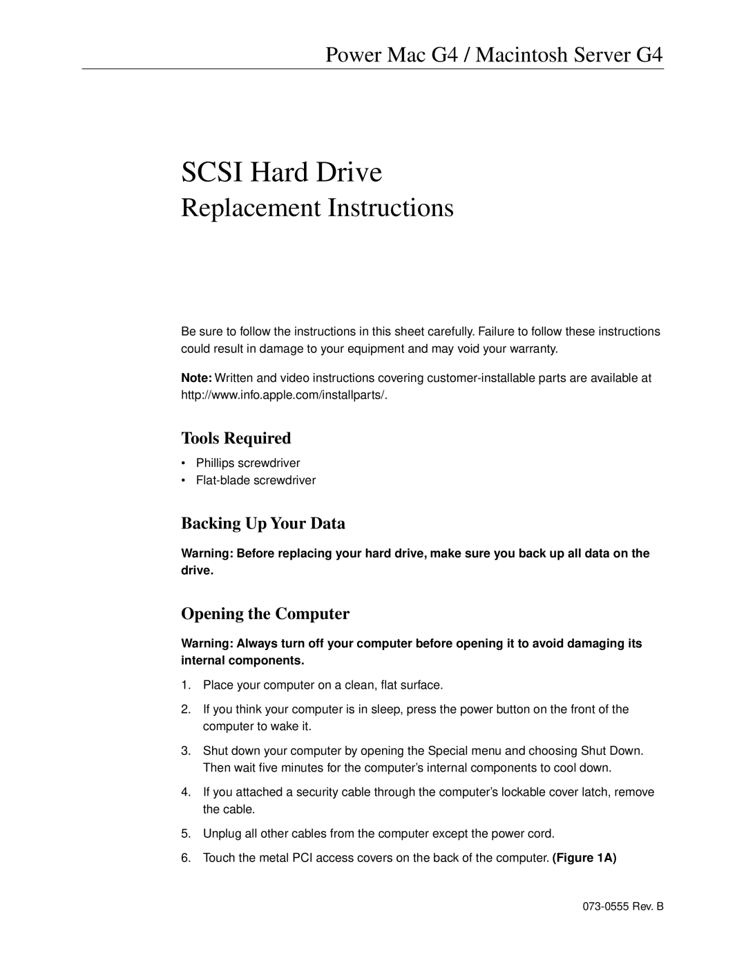 Apple SCSI Hard Drive warranty Tools Required, Backing Up Your Data Opening the Computer 