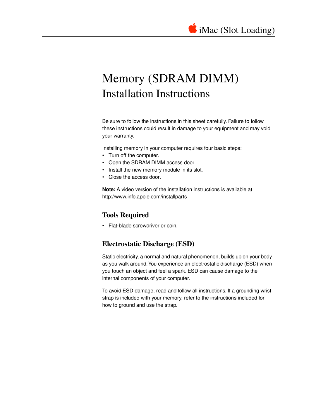 Apple SDRAM DIMM installation instructions Tools Required, Electrostatic Discharge ESD 