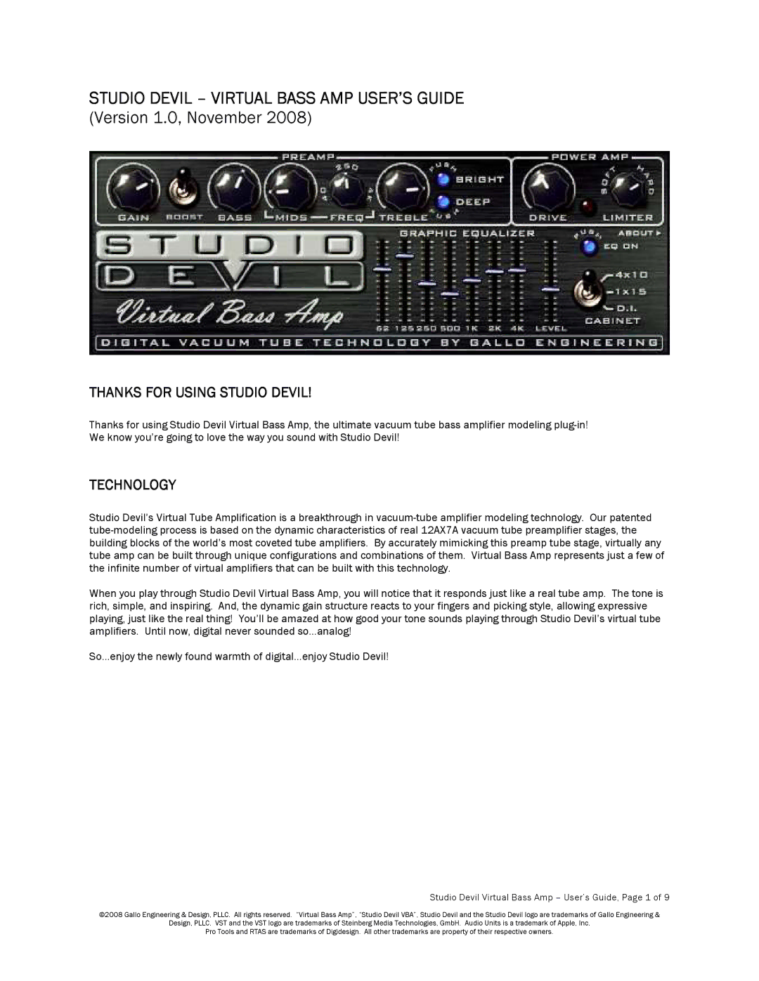 Apple manual Thanks for Using Studio Devil, Technology, Studio Devil Virtual Bass Amp User’s Guide, Page 1 