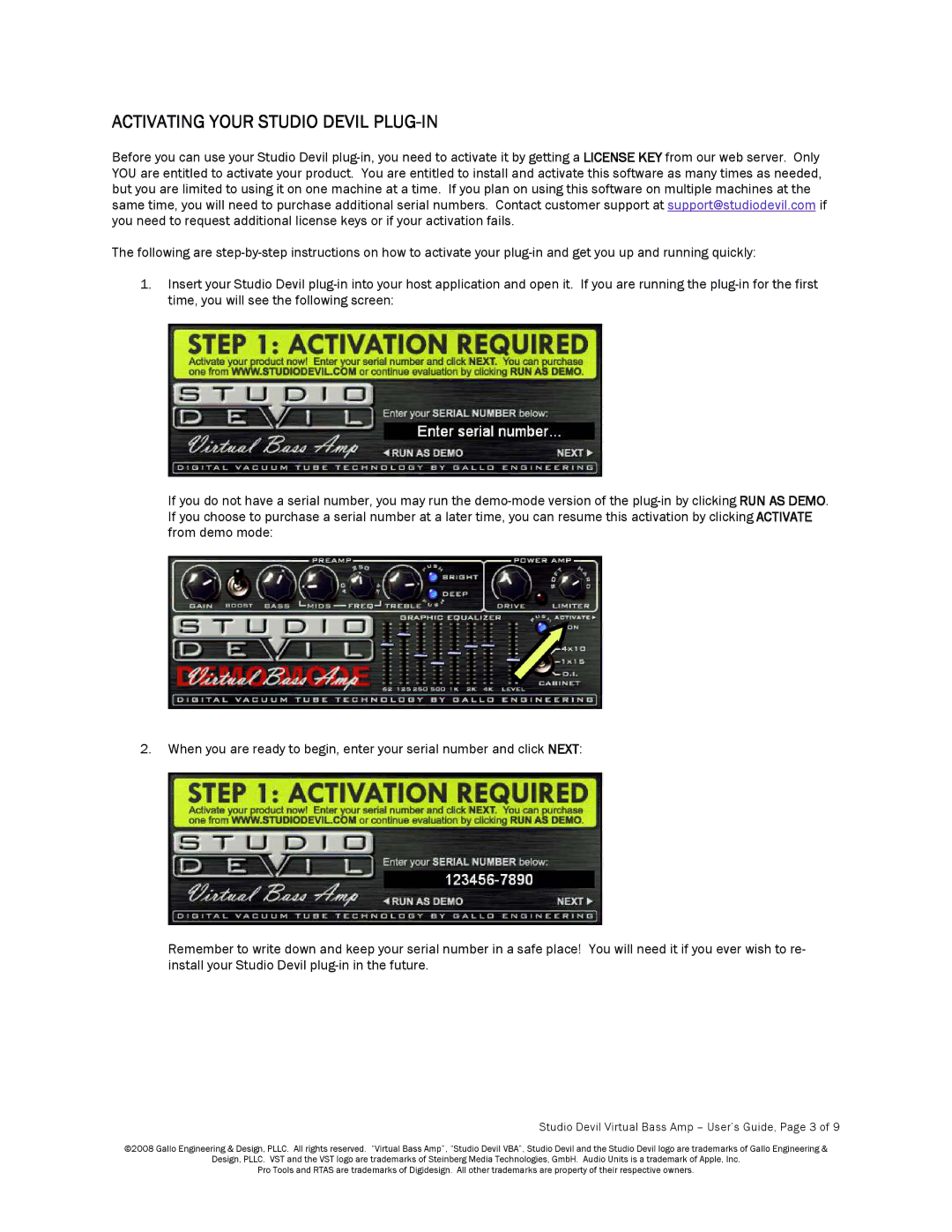 Apple manual Activating Your Studio Devil PLUG-IN, Studio Devil Virtual Bass Amp User’s Guide, Page 3 