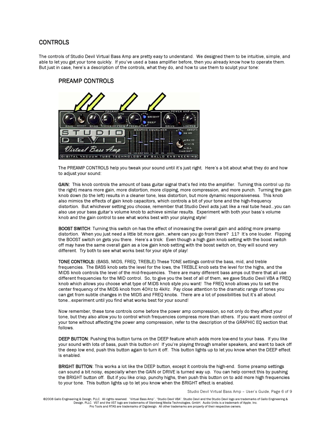 Apple manual Preamp Controls, Studio Devil Virtual Bass Amp User’s Guide, Page 6 