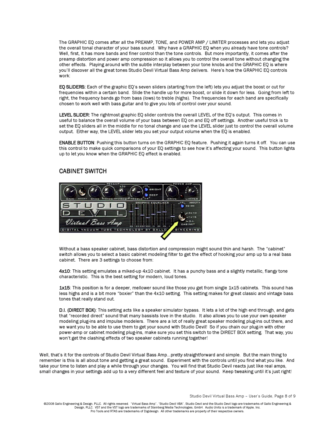 Apple manual Cabinet Switch, Studio Devil Virtual Bass Amp User’s Guide, Page 8 