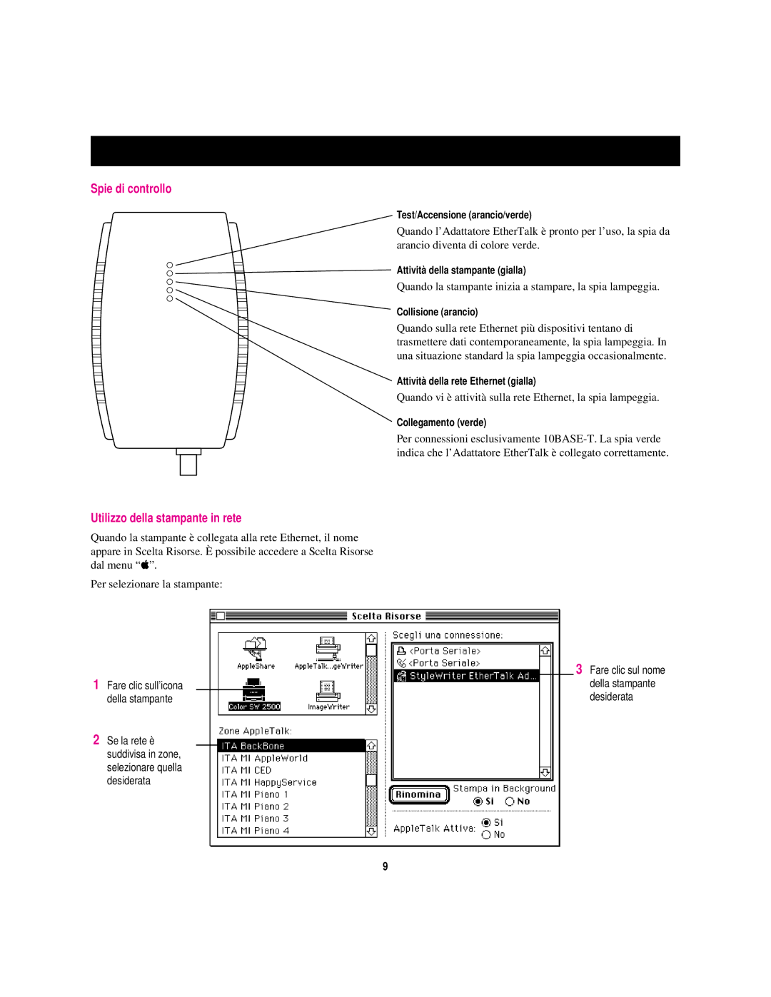 Apple StyleWriter EtherTalk manual Spie di controllo, Utilizzo della stampante in rete 