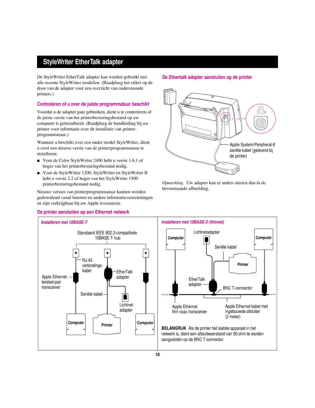 Apple StyleWriter EtherTalk De Ethertalk adapter aansluiten op de printer, De printer aansluiten op een Ethernet netwerk 