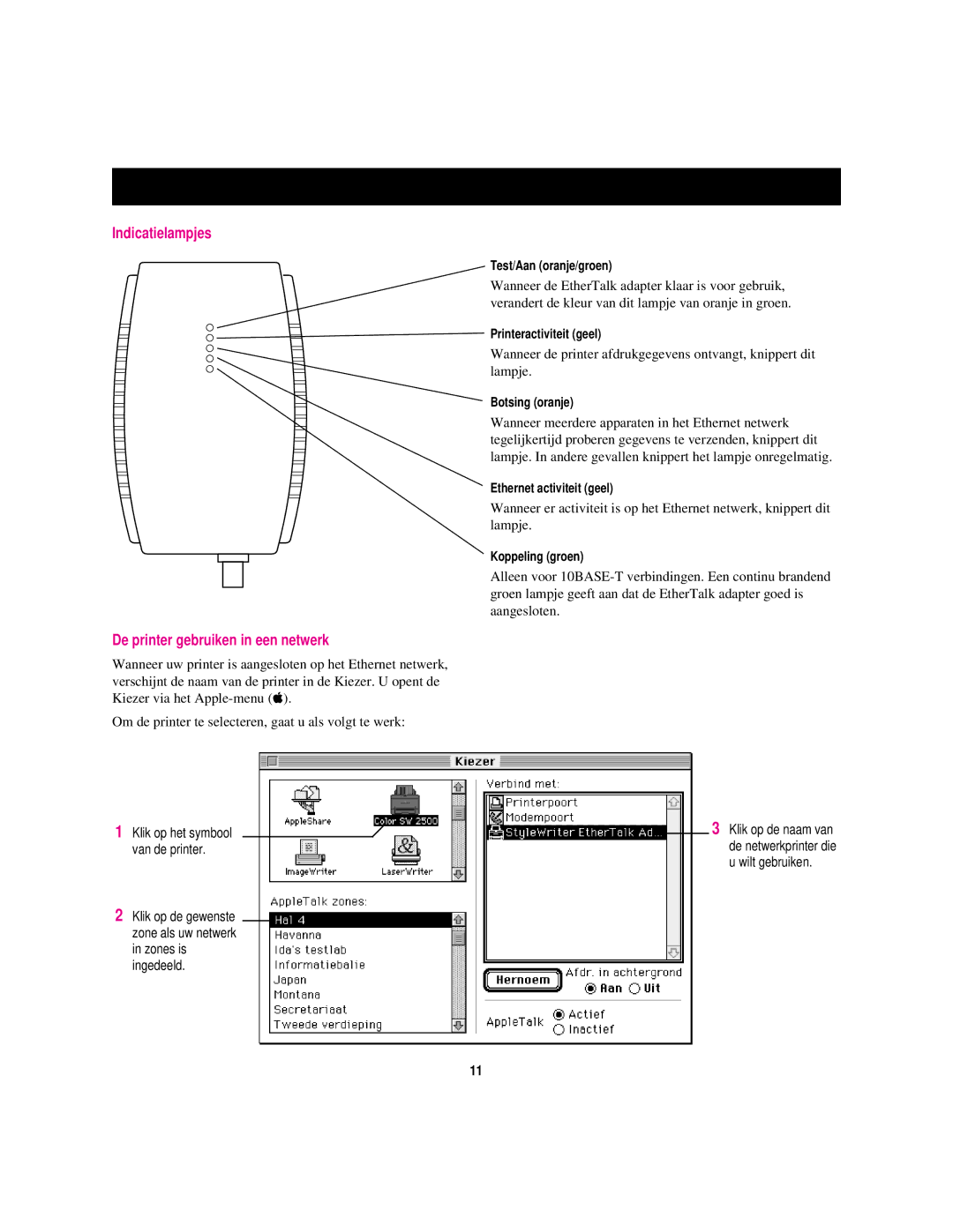 Apple StyleWriter EtherTalk manual Indicatielampjes De printer gebruiken in een netwerk, Klik op het symbool van de printer 