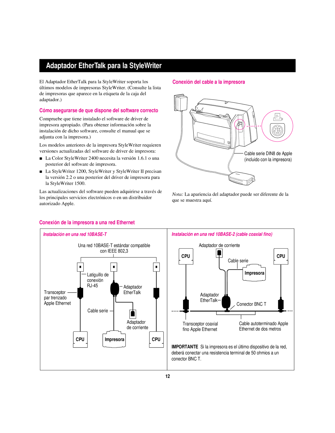 Apple StyleWriter EtherTalk manual Conexión del cable a la impresora, Conexión de la impresora a una red Ethernet 