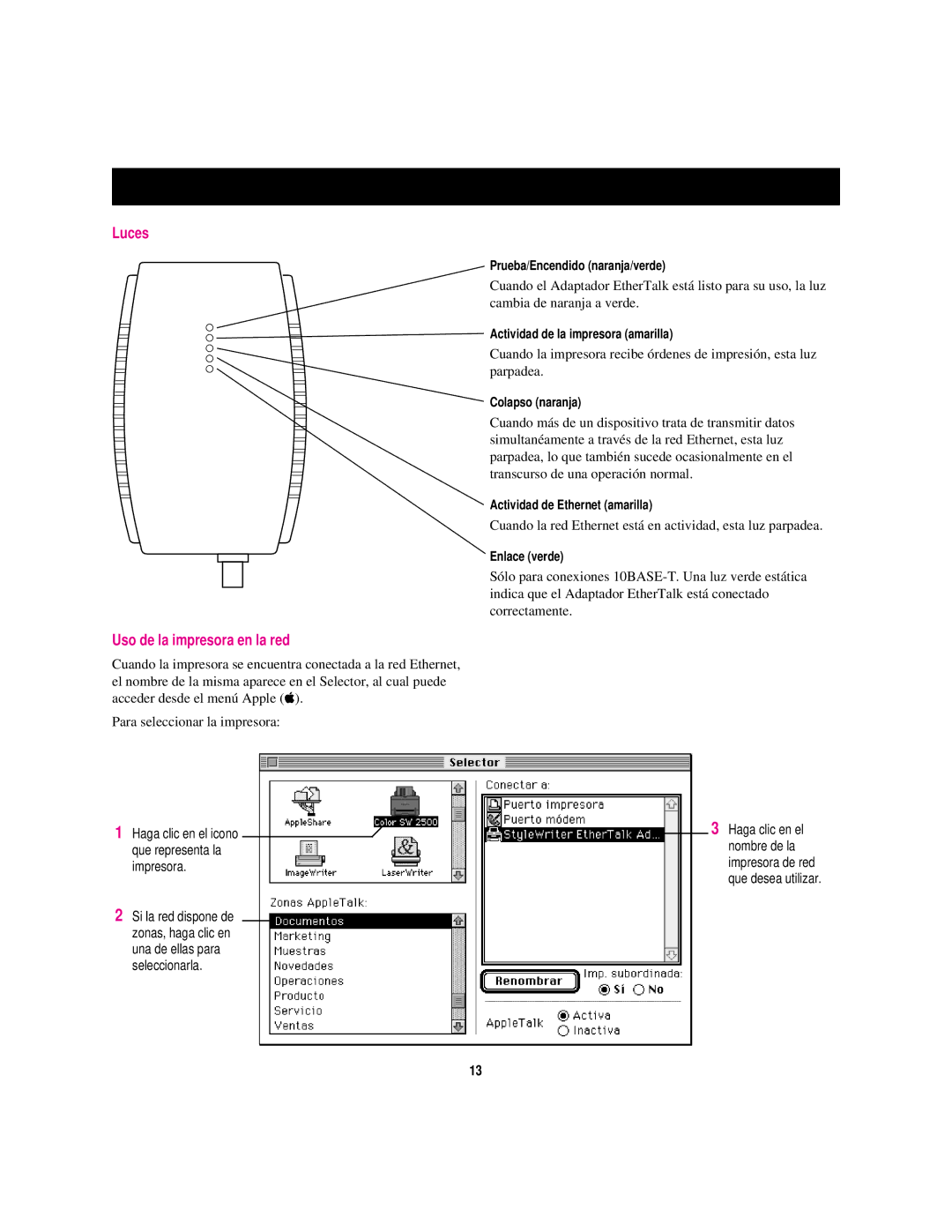 Apple StyleWriter EtherTalk manual Luces Uso de la impresora en la red, Impresora 