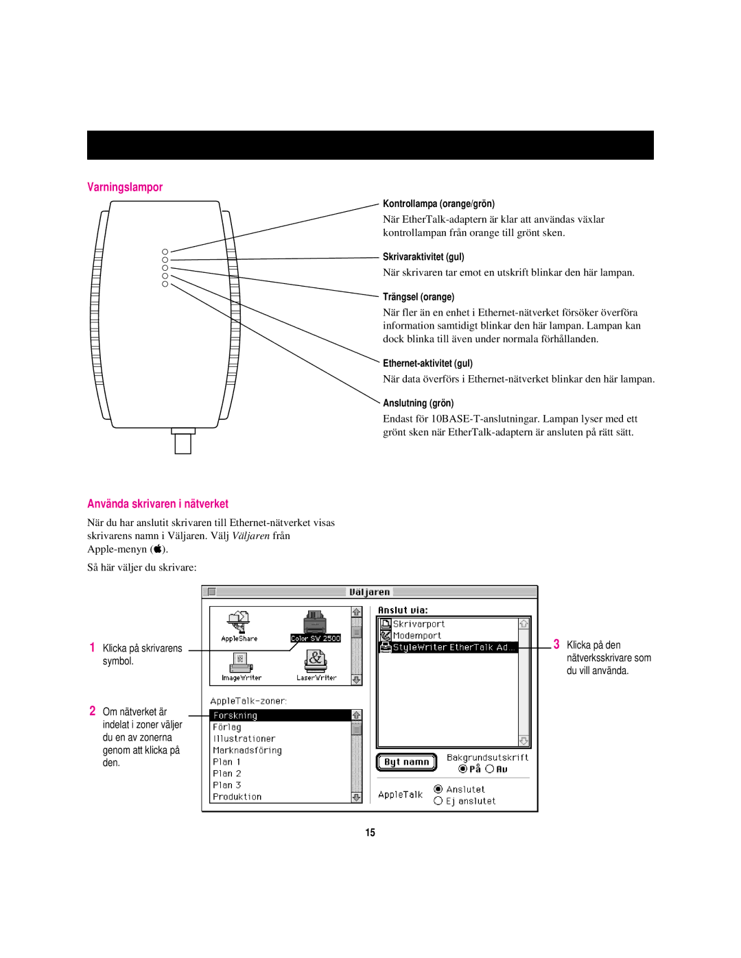 Apple StyleWriter EtherTalk manual Varningslampor, Använda skrivaren i nätverket 