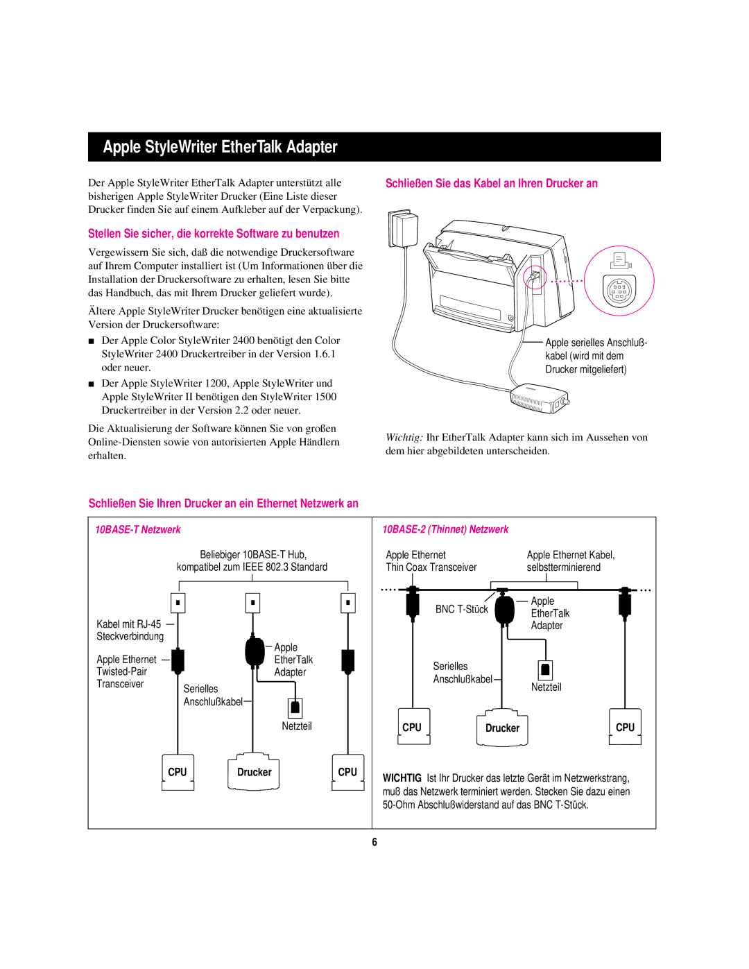 Apple StyleWriter EtherTalk manual Schließen Sie das Kabel an Ihren Drucker an, 10BASE-T Netzwerk, Apple Ethernet 